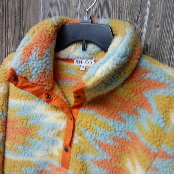 Jen & Co Sherpa Pullover Womens Large XL Aztec Orange Blue Yellow Fall Cozy - Picture 4 of 11